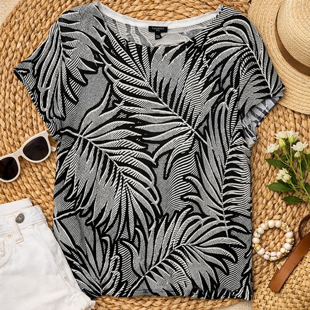Talbots Linen Palm Print Top XL Petite Black White‎ Resort Coastal Summer